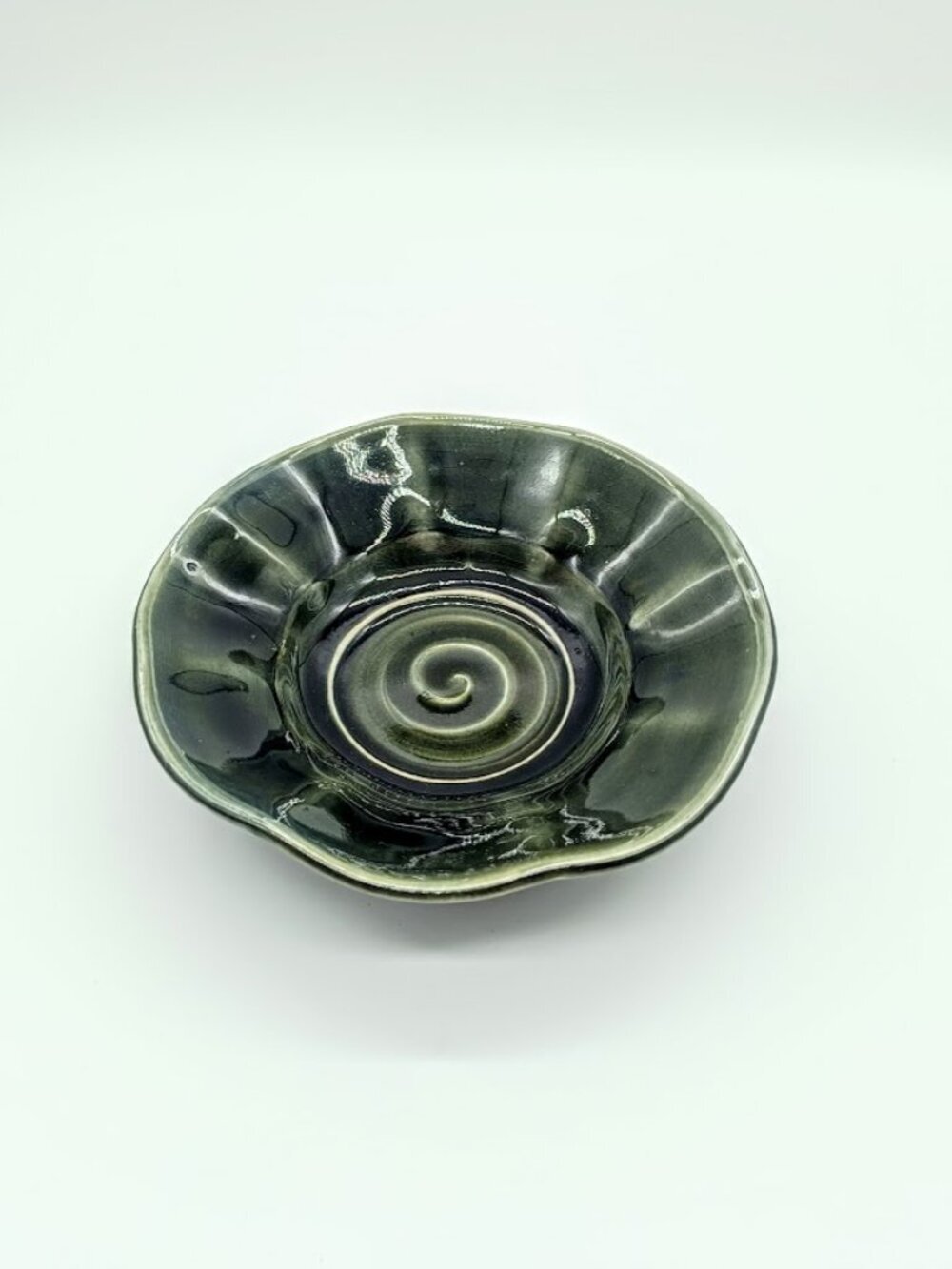 Handmade Forest Green Drip Glazed Fluted Rim Round Bowl